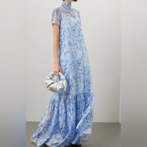 STAUD Blue and White Ruffled Tiered Gown